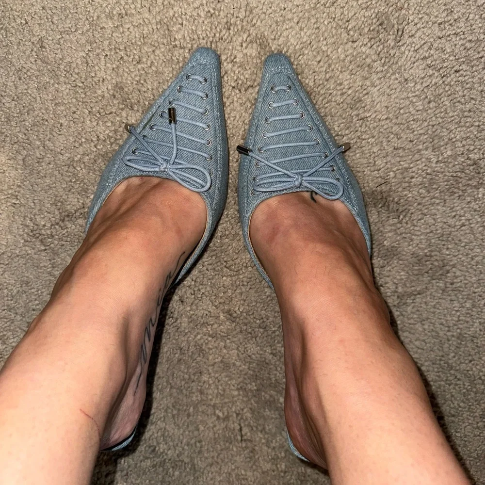 Steve Madden Light Blue Pointed Toe Lace-Up Mules - Picture 3 of 5